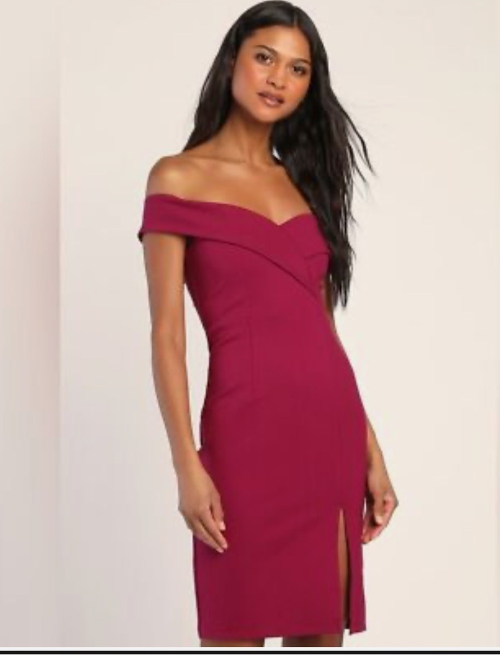 Lulu's Off-Shoulder Bodycon Fitted Midi Dress in Berry XS